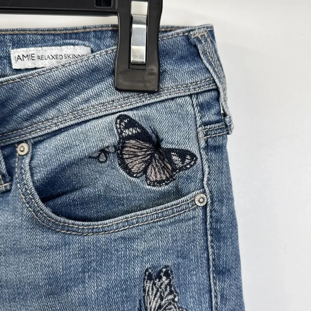 Black Daisy Jamie Relaxed Skinny Button Fly Blue Jeans With Butterfly Size 9/29